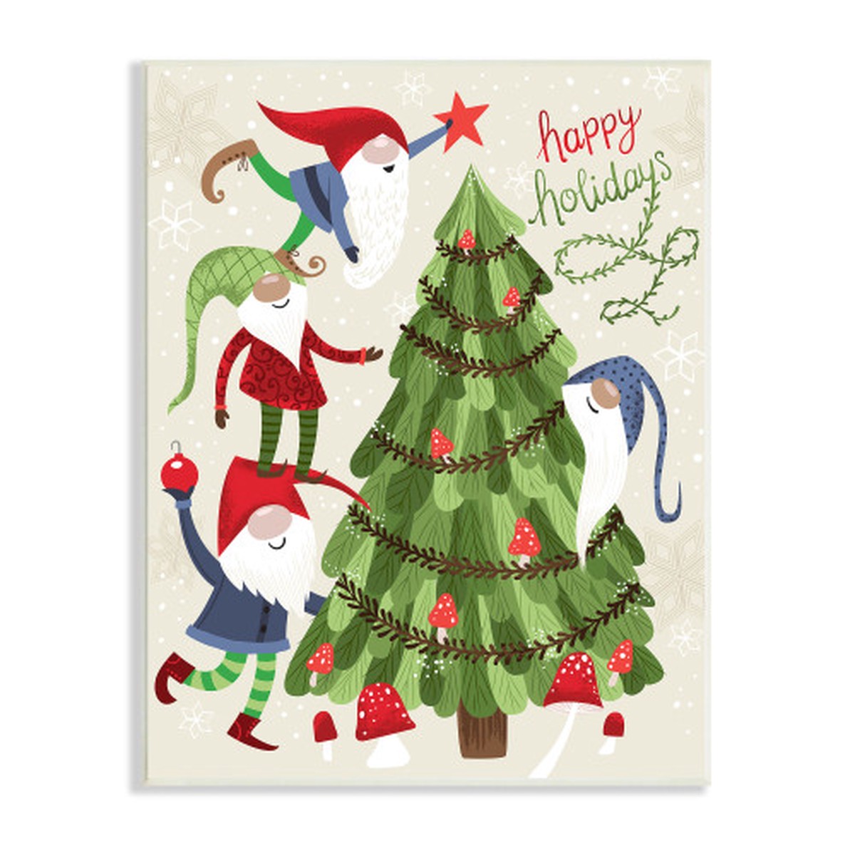 Green and Red Happy Holidays Christmas Gnomes Tree Rectangular Wall Plaque Art 19" x 13"