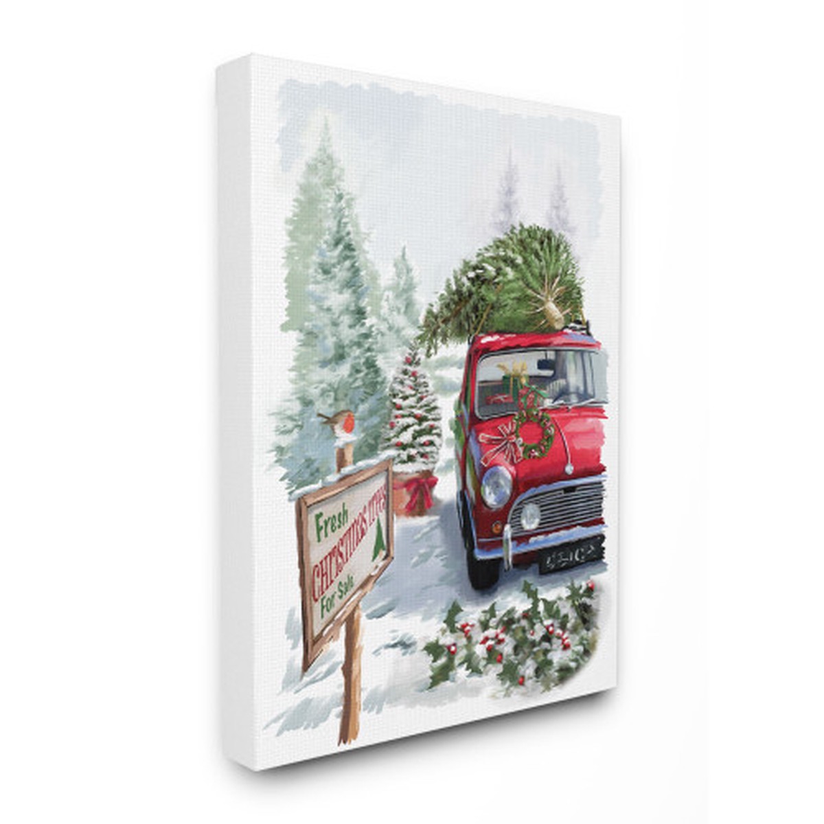 Green Christmas Trees On A Red Car Truck Painting Rectangular Canvas Wall Art 30" x 24"
