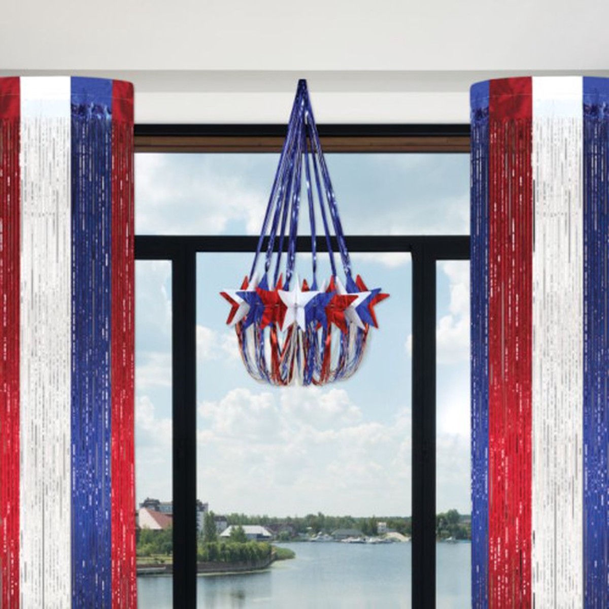 Metallic Star Chandelier Hanging Party Decorations - 35" - Red, White and Blue - Pack of 6