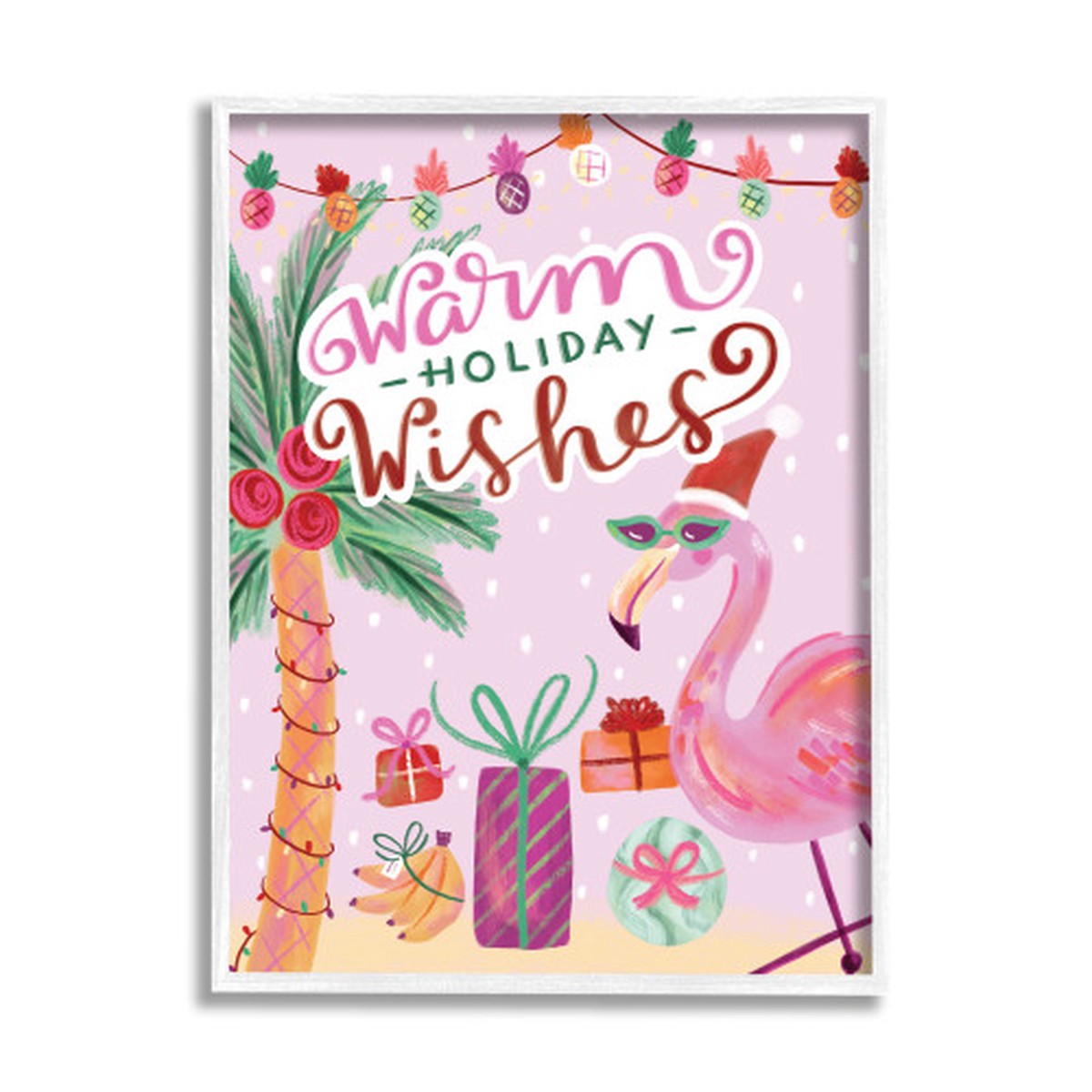 Pink and White Warm Holiday Wishes Flamingo Rectangular White Framed Wall Art 20" x 16"
