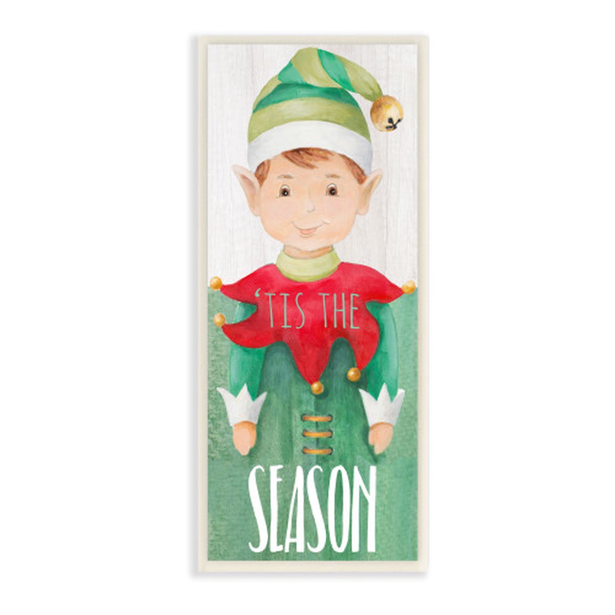 Red and Green Elf with Bell Hat Christmas Framed Wall Plaque Art 17" x 7"