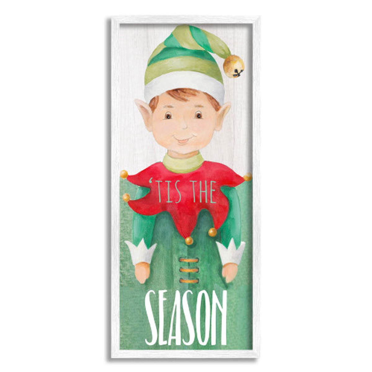 Red and Green Elf with Bell Hat Christmas White Framed Wall Art 30" x 13"