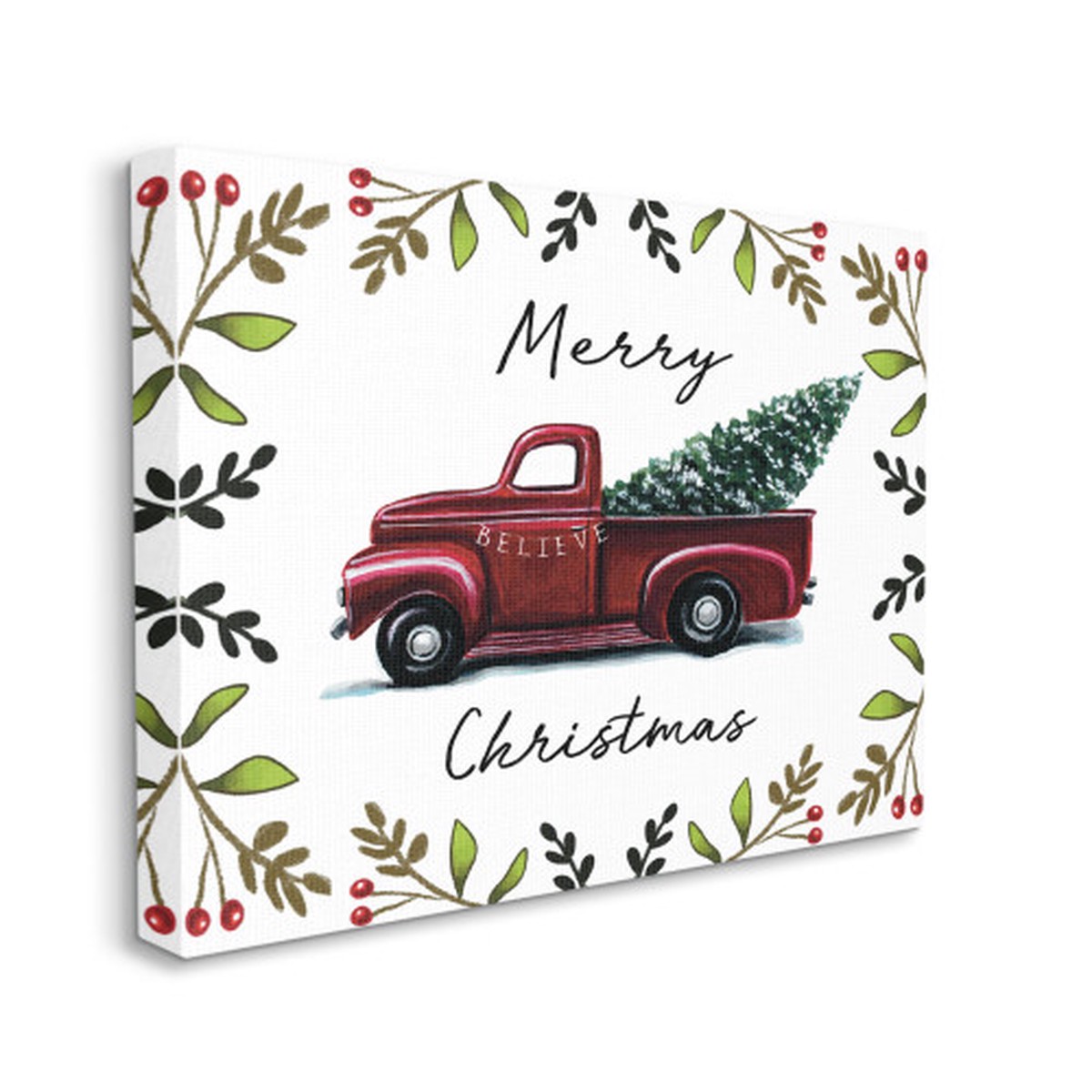 Red and Green Merry Christmas Holly Believe Farm Truck Stretched Canvas Wall Art 30" x 40"