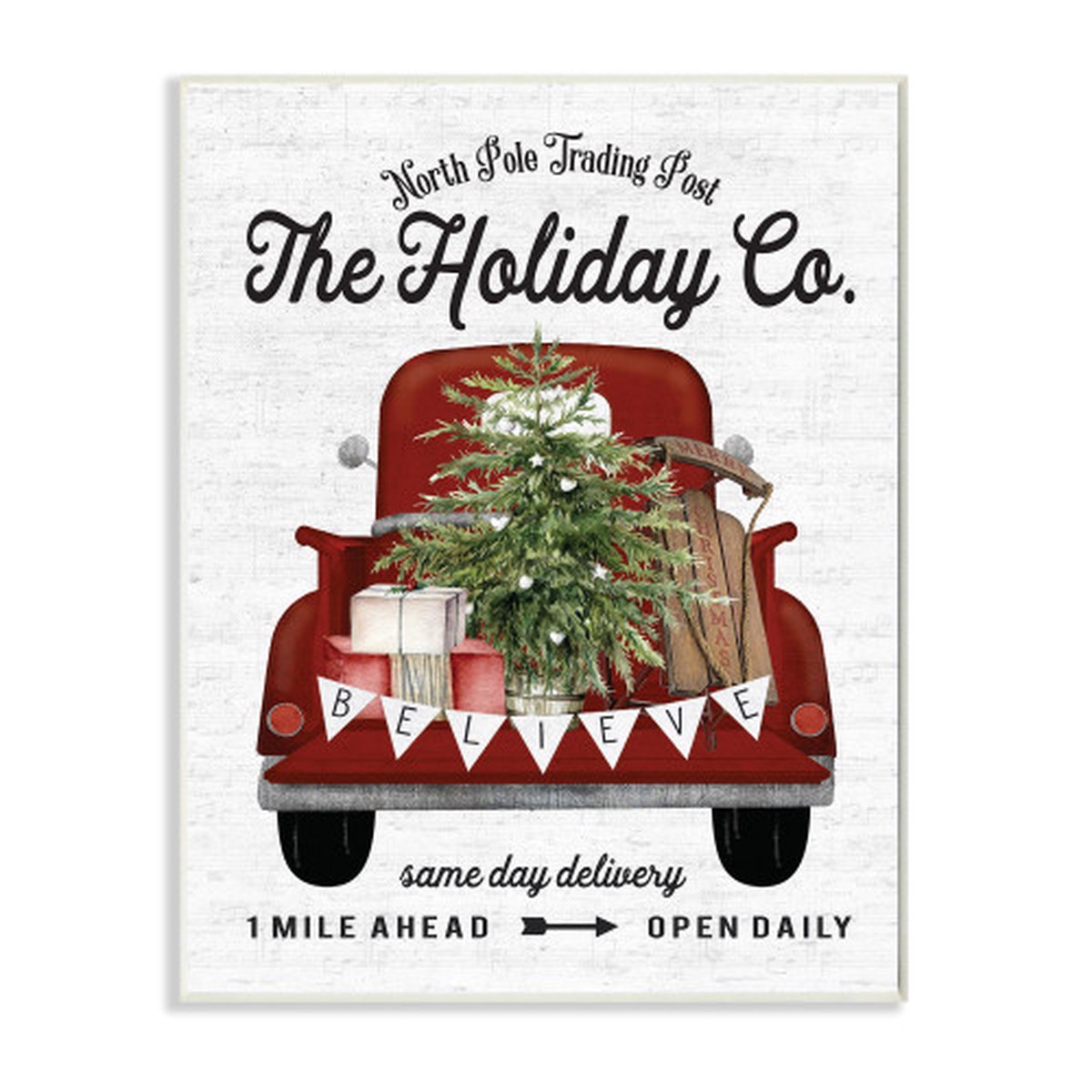 Red and White Holiday Truck Winter Fir Tree Christmas Wall Plaque Art 19" x 13"