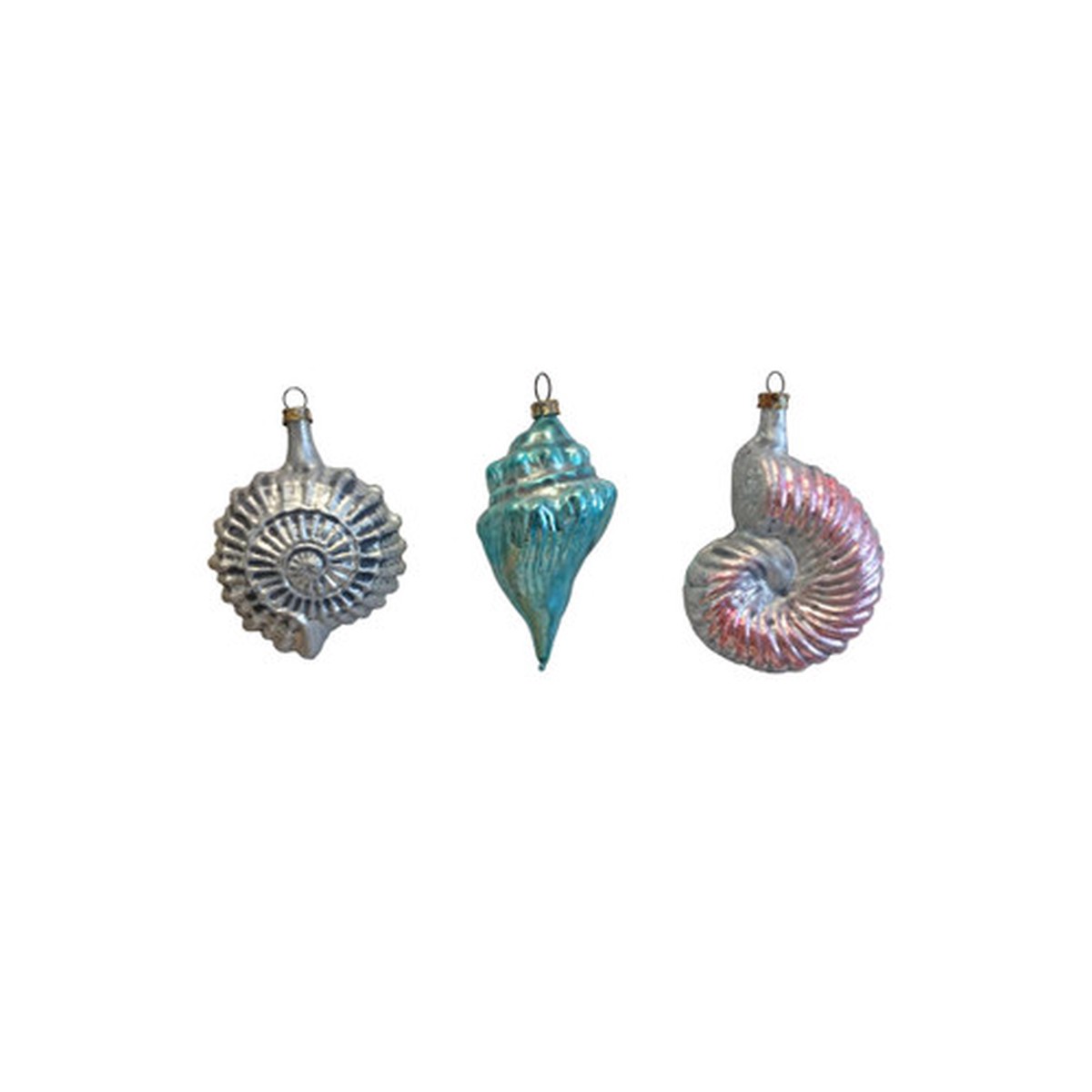 Set of 3 Silver, Blue, and Pink Handcrafted Assorted Glass Seashells Nostalgie Ornaments, 3.5"