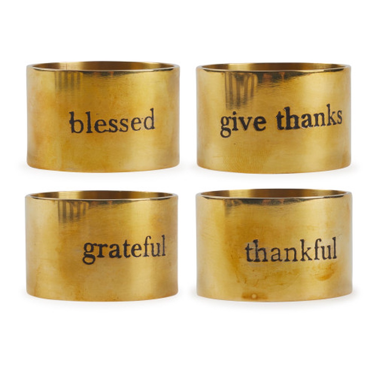 Set of 4 1.5" Gold and Black Assorted Always Grateful Stamped Napkin Rings