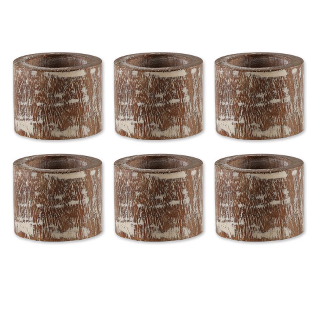 Set of 6 2" White and Brown White Wash Finish Wood Band Napkin Rings
