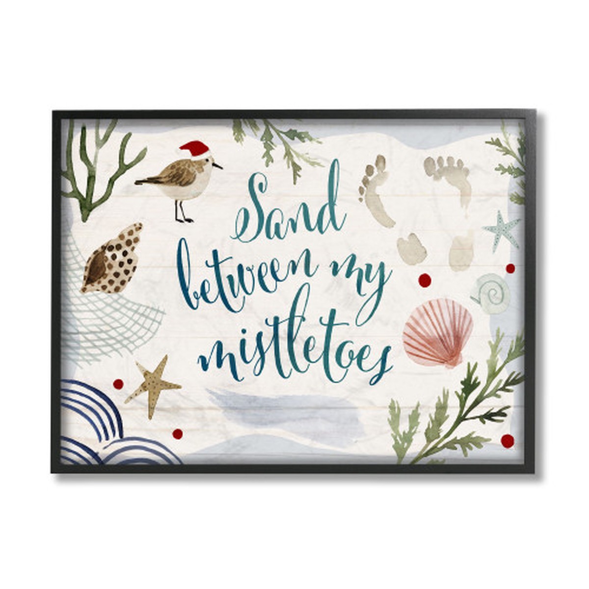 White and Blue Sand Between Mistletoes Framed Giclee Texturized Wall Art Decor 16" x 20"