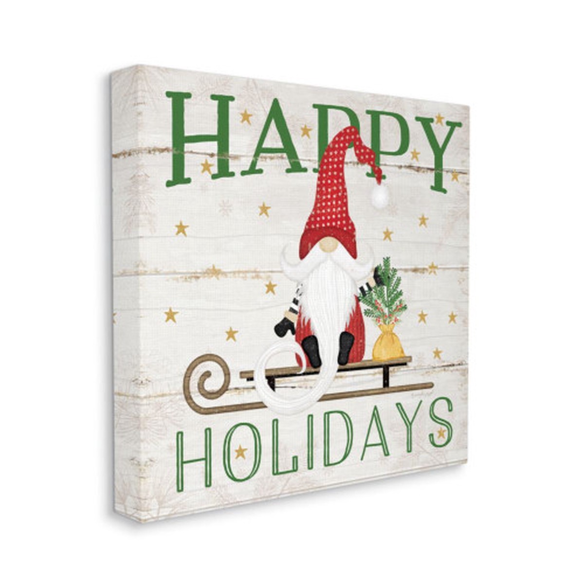 White and Green "Happy Holidays" Gnome Stretched Square Christmas Wall Art 17"