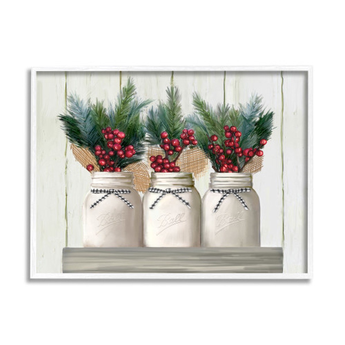 White and Green Jars with Christmas Bouquets Framed Giclee Texturized Wall Art Decor 30" x 24"