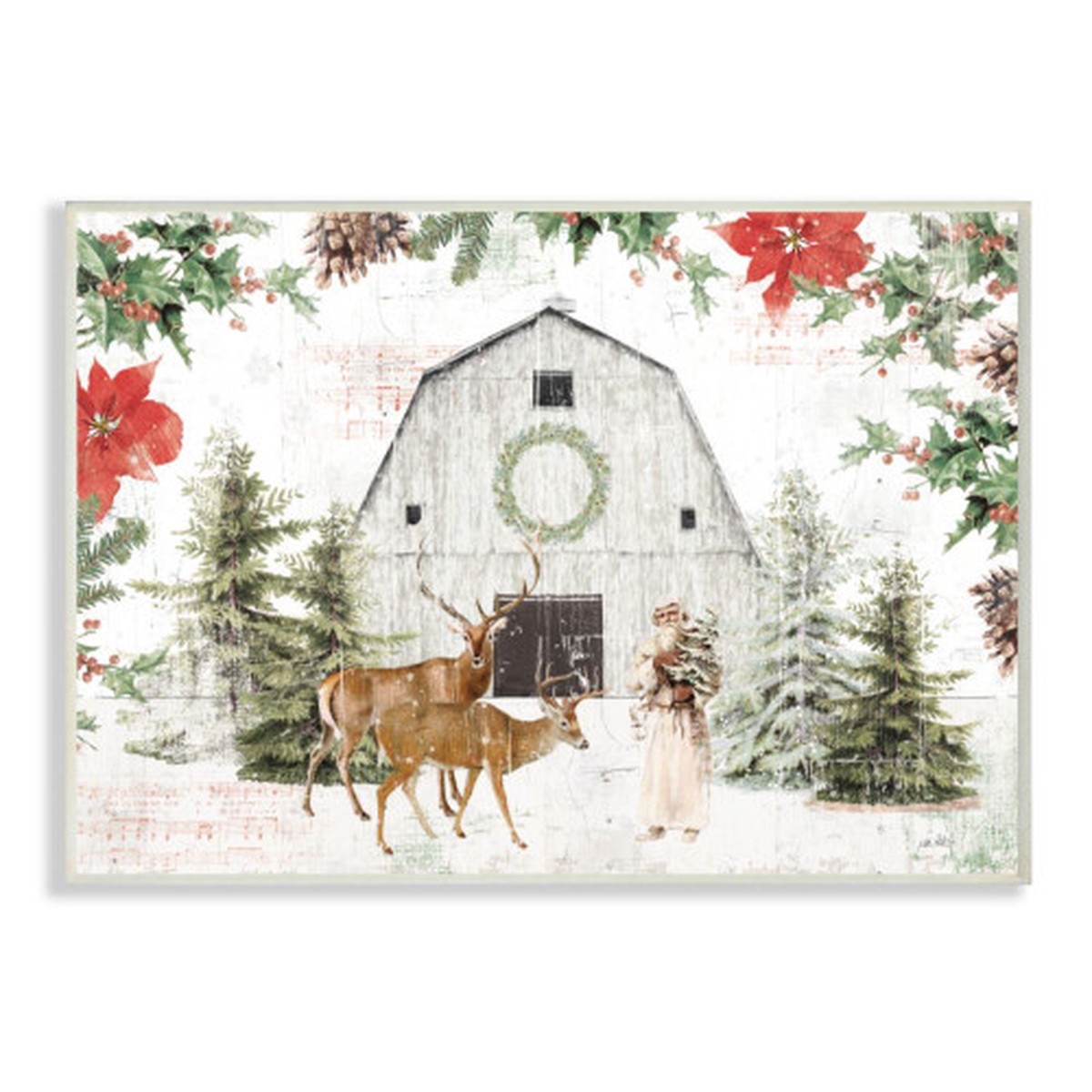 White and Red Barn Animals Winter Christmas Wall Plaque Art Decor 15" x 10"