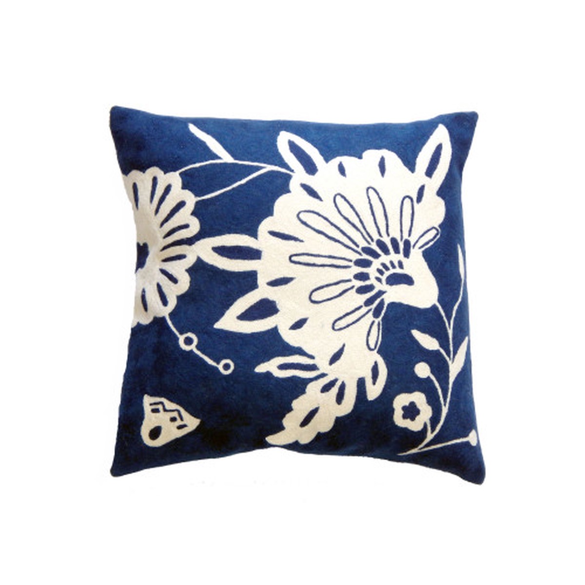 20" Blue and White Floral Decorative Square Cotton Cushion - Feather and Down Filler