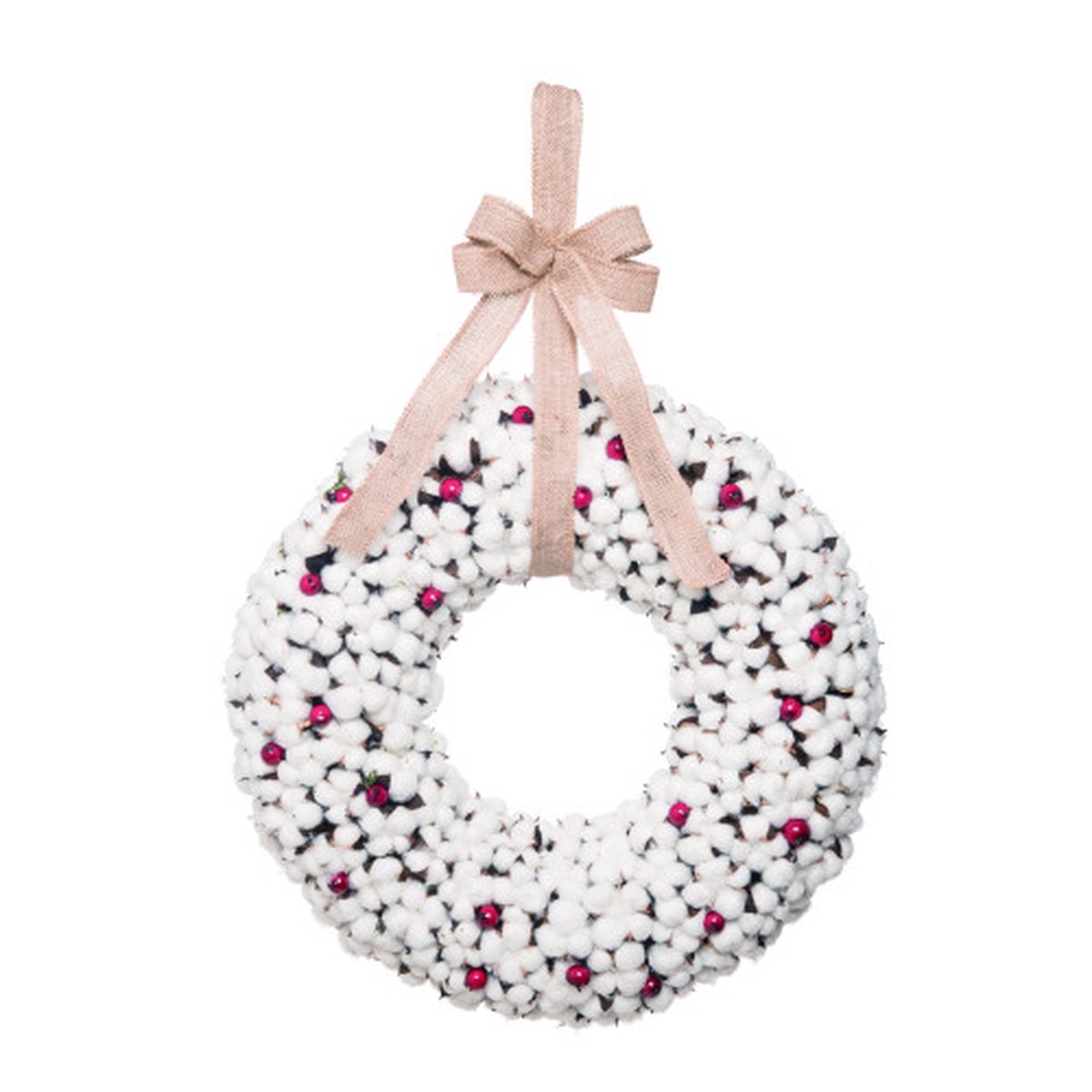Cotton Flowers with Red Berries Artificial Christmas Wreath - 22-Inch, Unlit