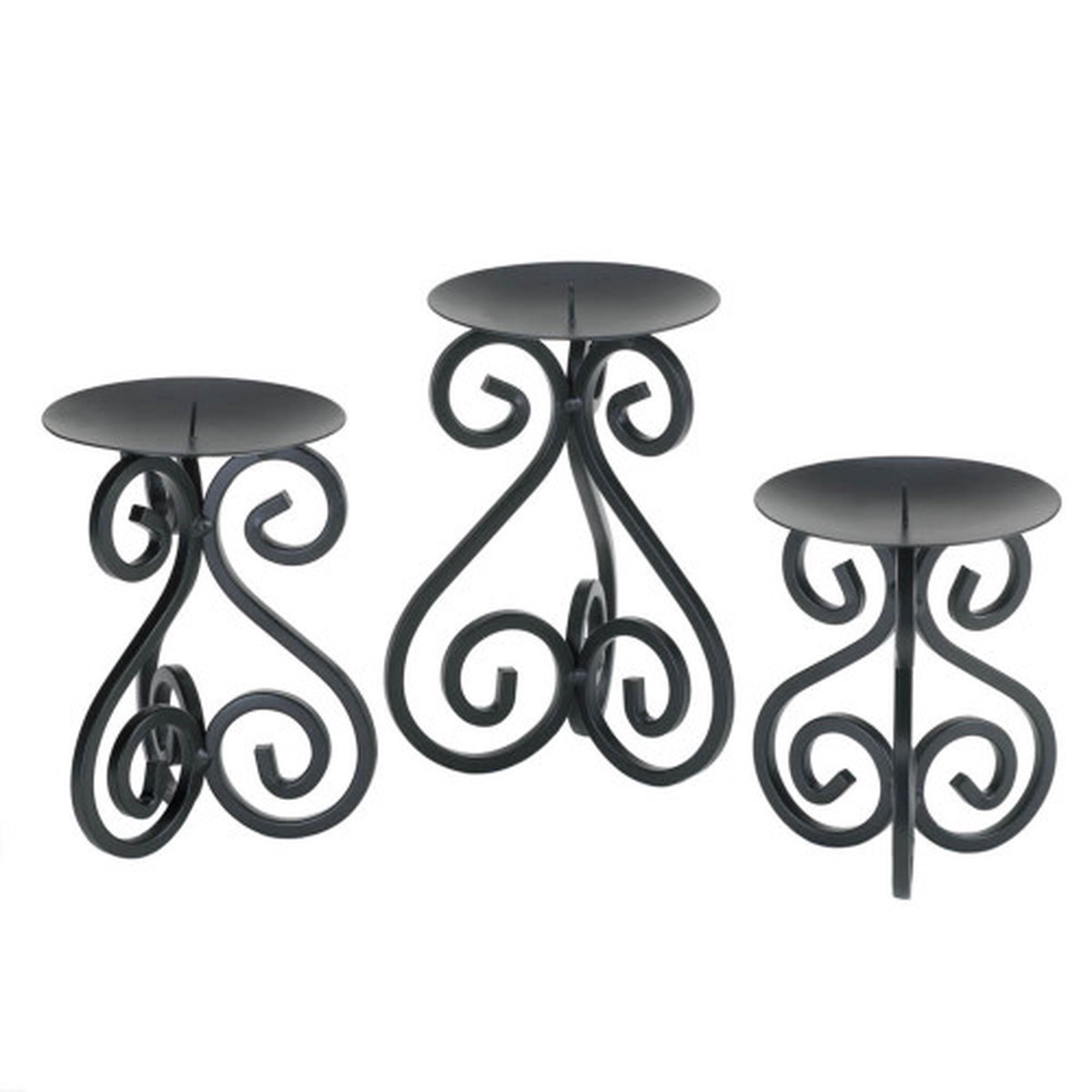 Jet Scrollwork Pillar Candle Holders - 6.75" - Black - Set of 3