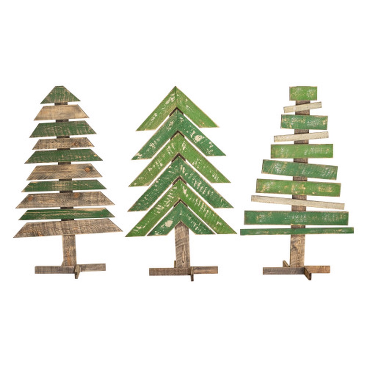 Set of 3 Green and Brown Recycled Wood Christmas Trees With Stands