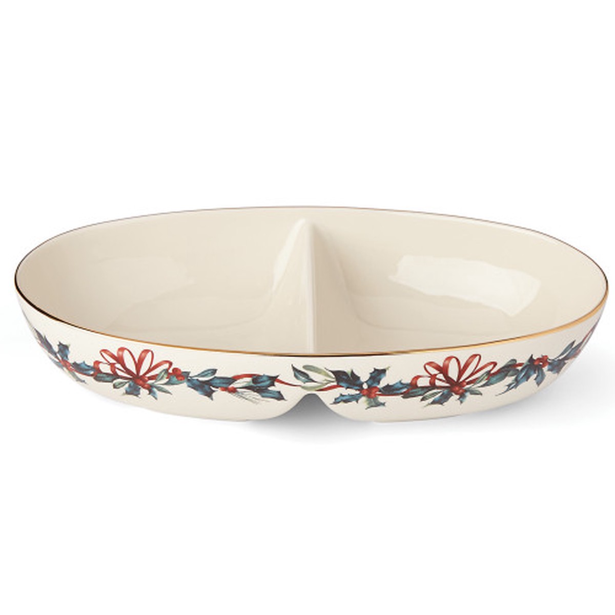 13″ Beige Christmas Red and Blue Holly With Gold Lining Oval Divided Serving Bowl