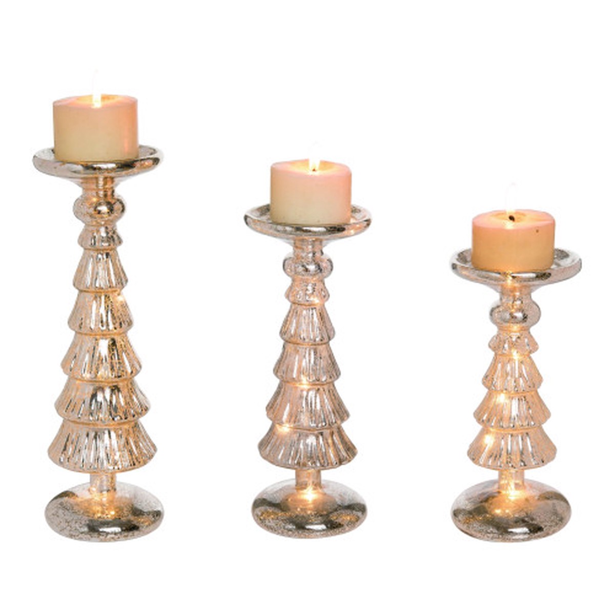 Set of 3 Gold LED Trees Glass Christmas Pillar Candle Holders 15"