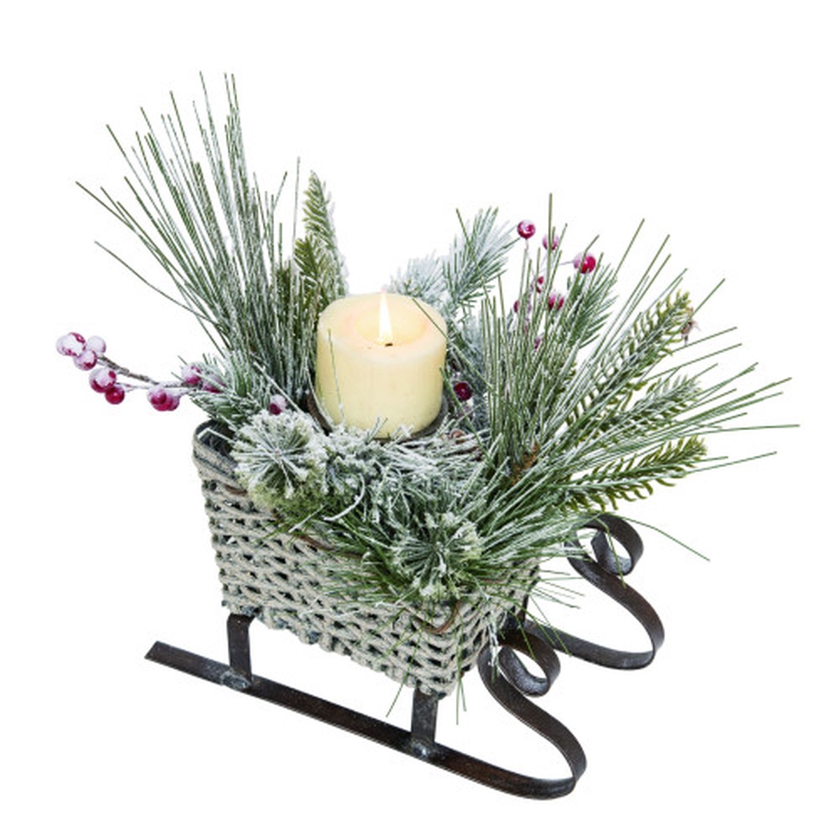 11" Frosted Sleigh with Pine and Berries Christmas Candle Holder