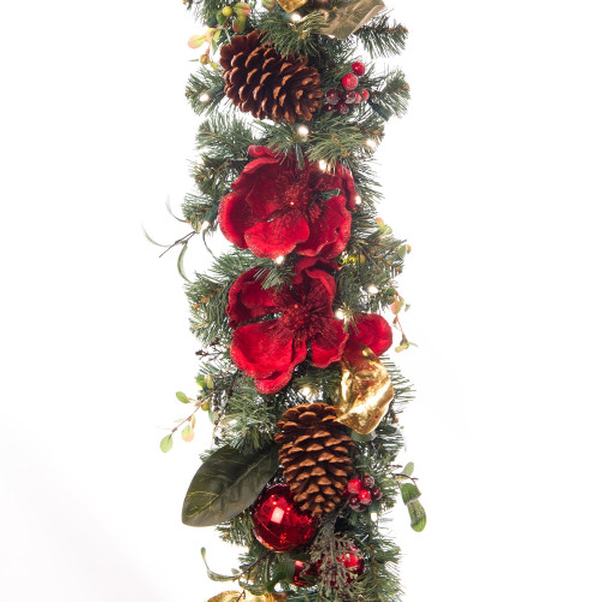 9' Pre-lit Battery Operated Green with Red Magnolias LED Artificial Christmas Garland - White Lights