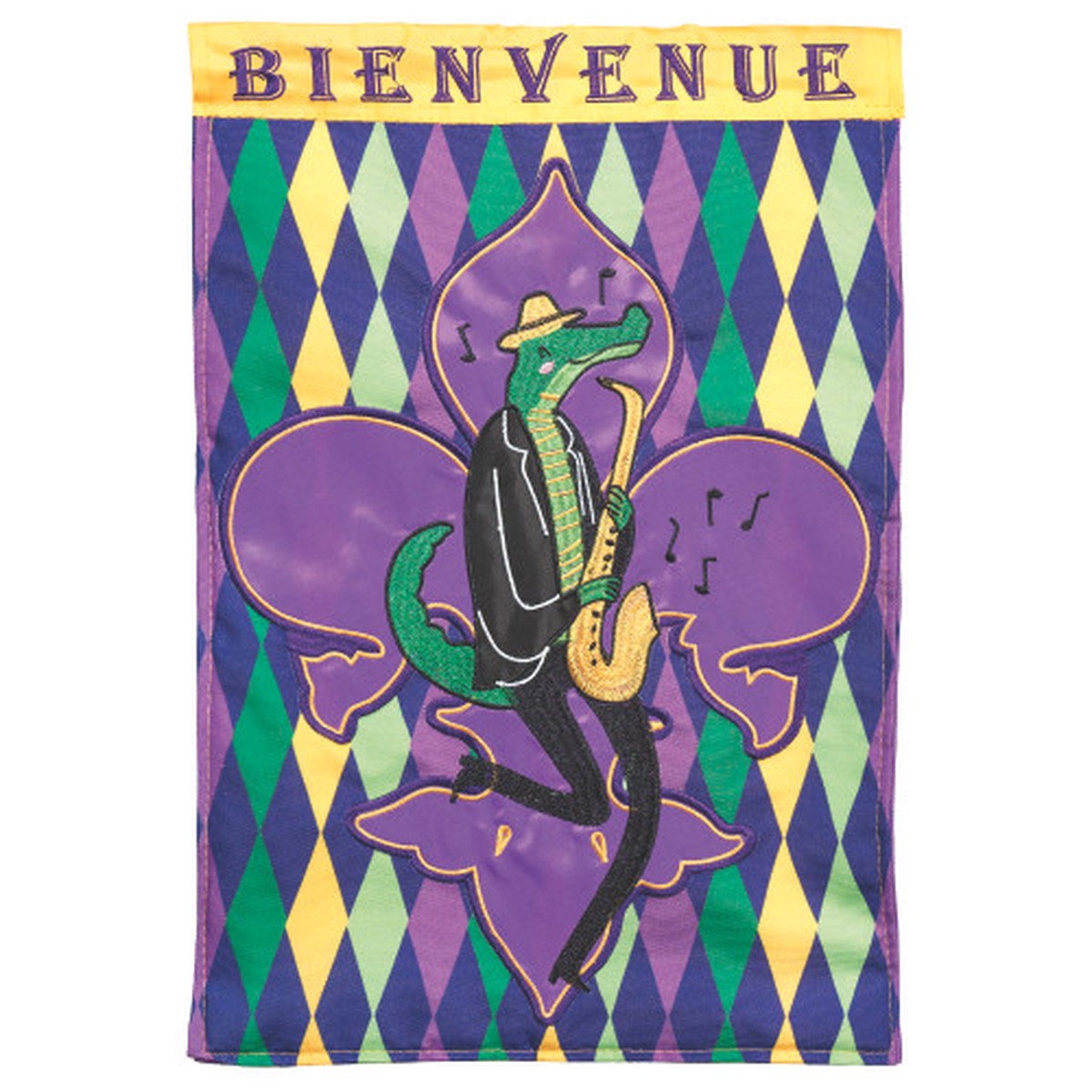 Saxophonist Alligator “Bienvenue” Outdoor Garden Flag – 18″ x 13″