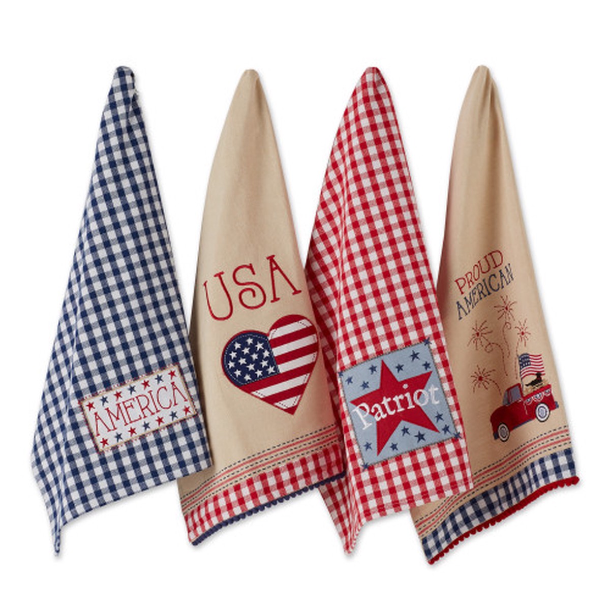 Set of 4 Red and Blue Americana Embellished Dish Towel, 28″