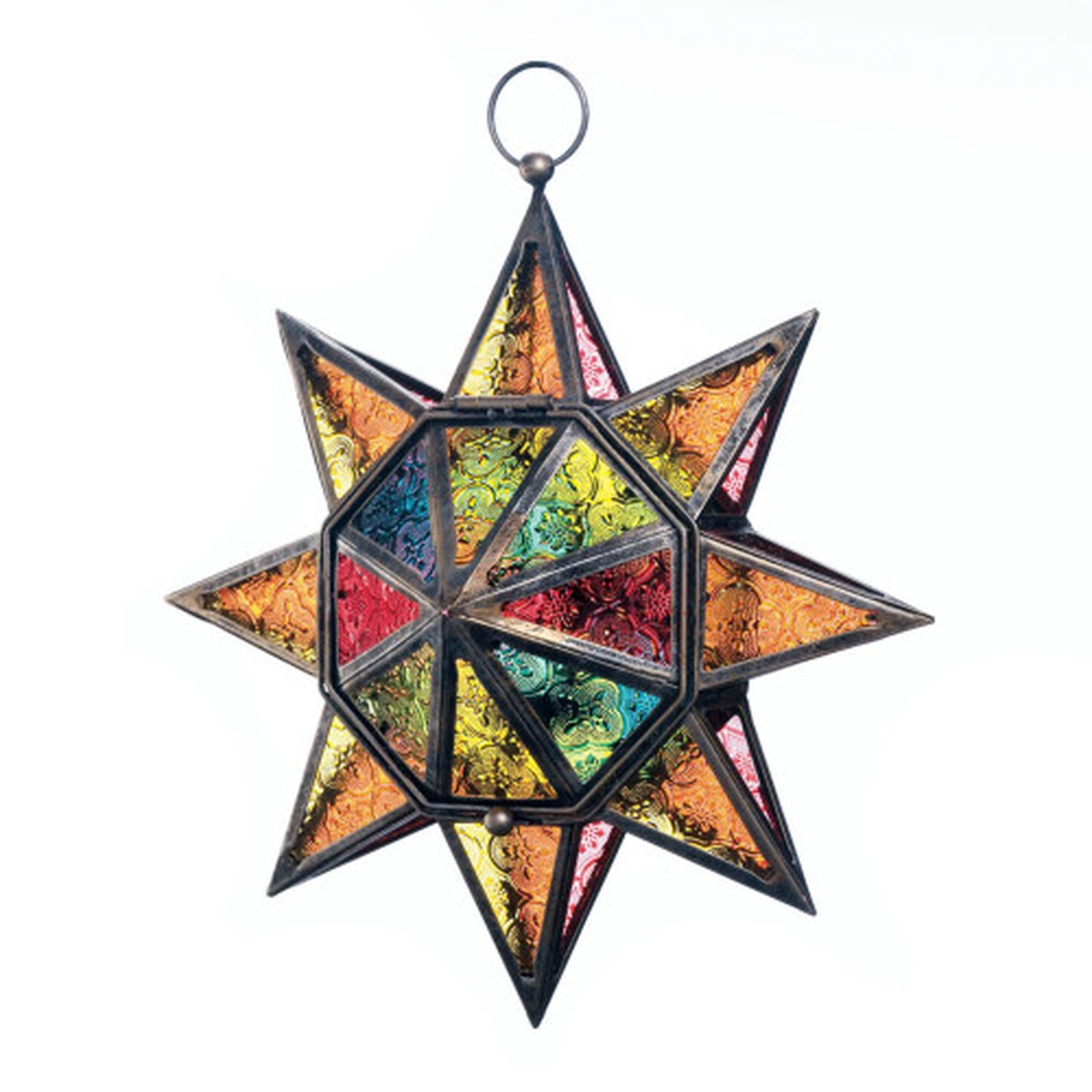 12.25″ Black and Orange Contemporary Faceted Star Candle Lantern