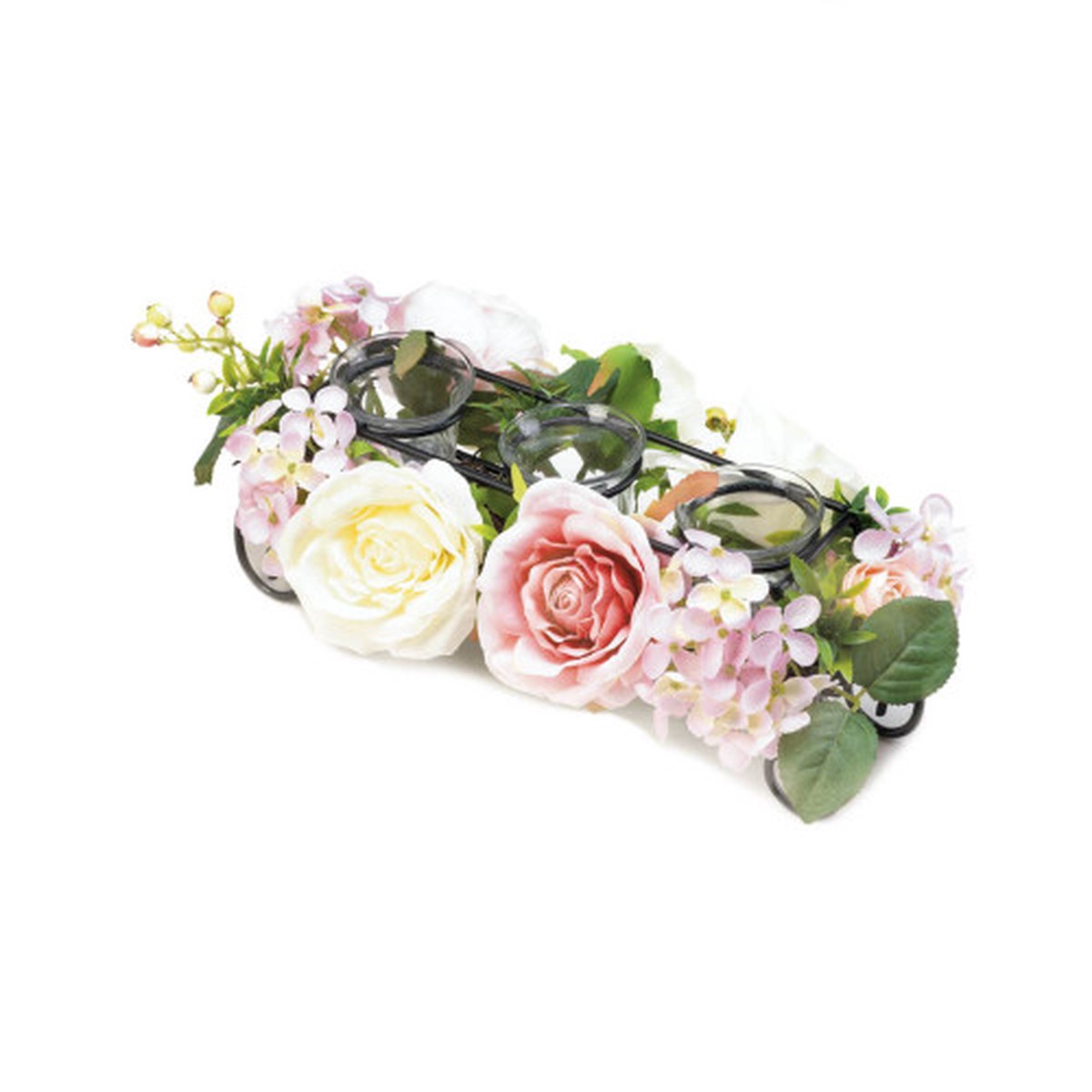 15.25″ Pink and Green Blooming Faux Floral Candle Holder