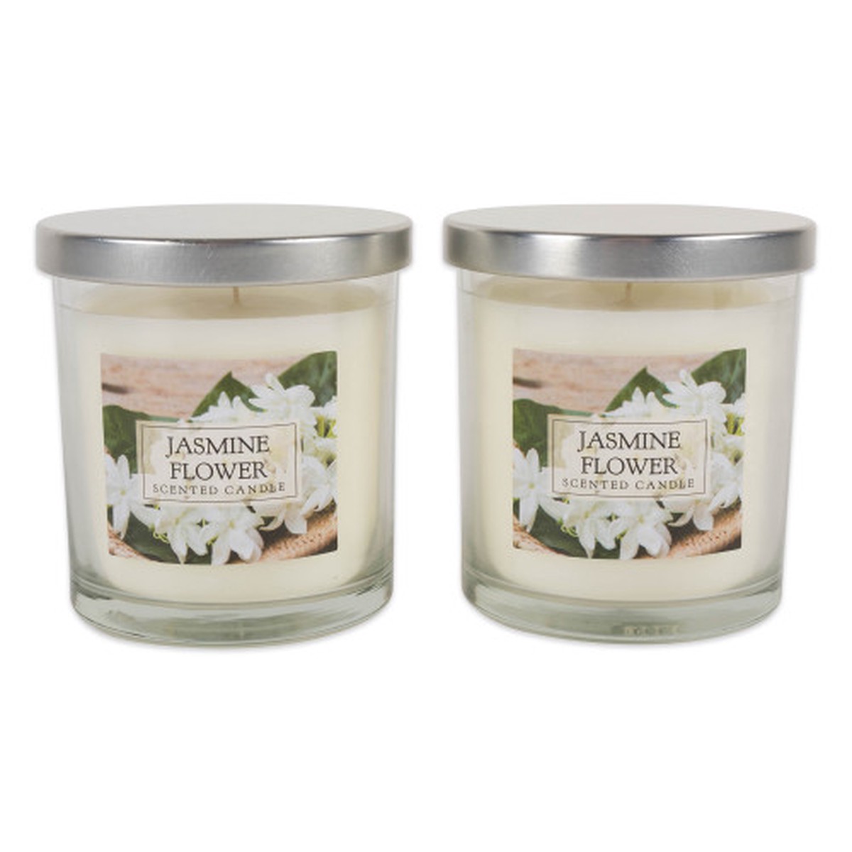 Set of 2 White, Green, and Silver Jasmine Single Wick Candles
