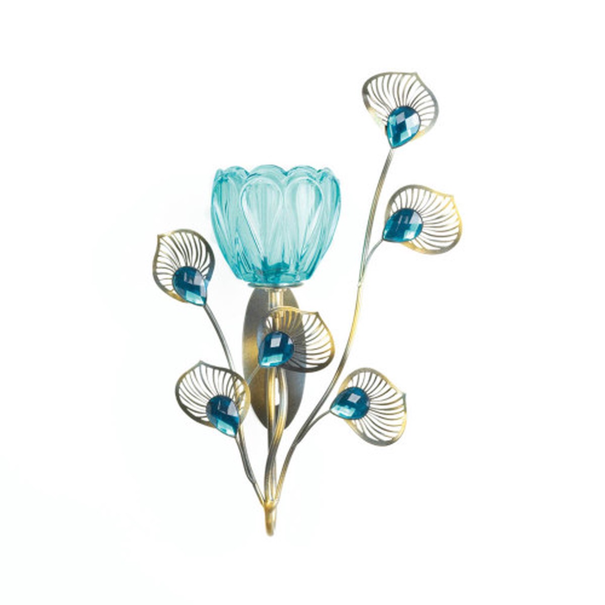 11.25″ Blue and Gold Peacock Blossom Single Candle Wall Sconce