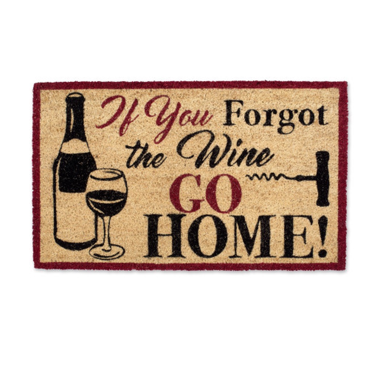 18″ X 30″ Beige, Red, and Black Durable and Non-Slip Doormat with “Forgot The Wine” Design