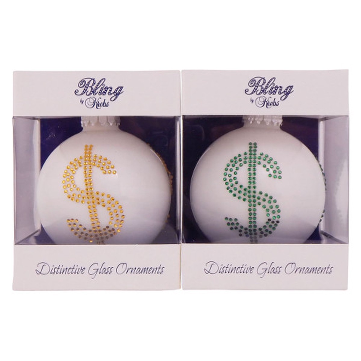 2ct Porcelain White Assorted Rhinestone Dollar Sign Christmas Ball Ornaments 3.25″ (80mm)