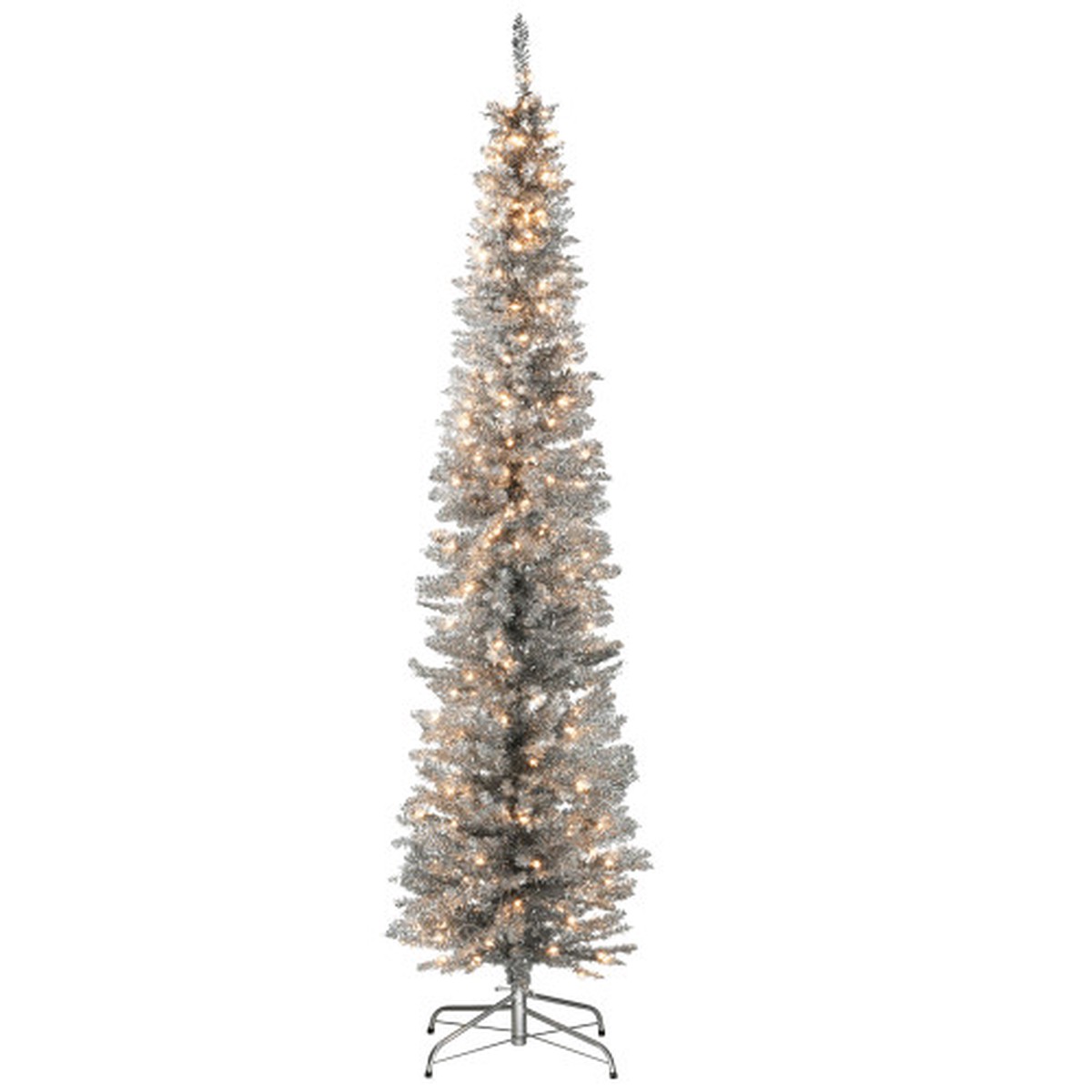 7' Pre-Lit Pencil Silver Tinsel Artificial Christmas Tree, Clear Lights