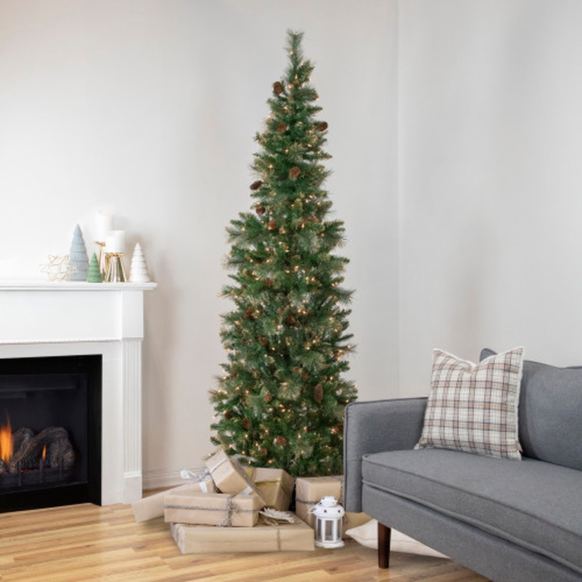 7' Pre-Lit Pencil Yorkshire Pine Glittered Artificial Christmas Tree - Clear Lights