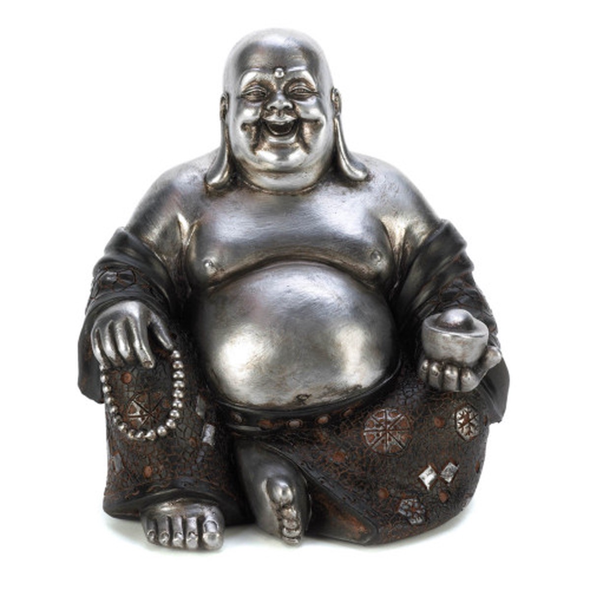 Happy Sitting Buddha Statue - 5.75" - Black and Silver