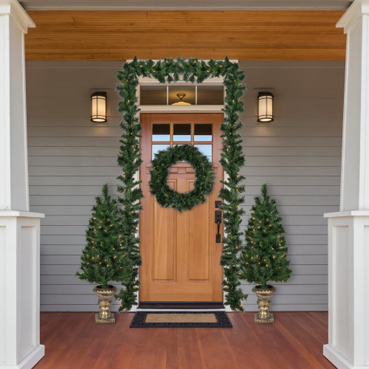 Pre-Lit Battery Operated Norwich Pine Artificial Christmas Entryway Set - 5-Piece - Clear Lights