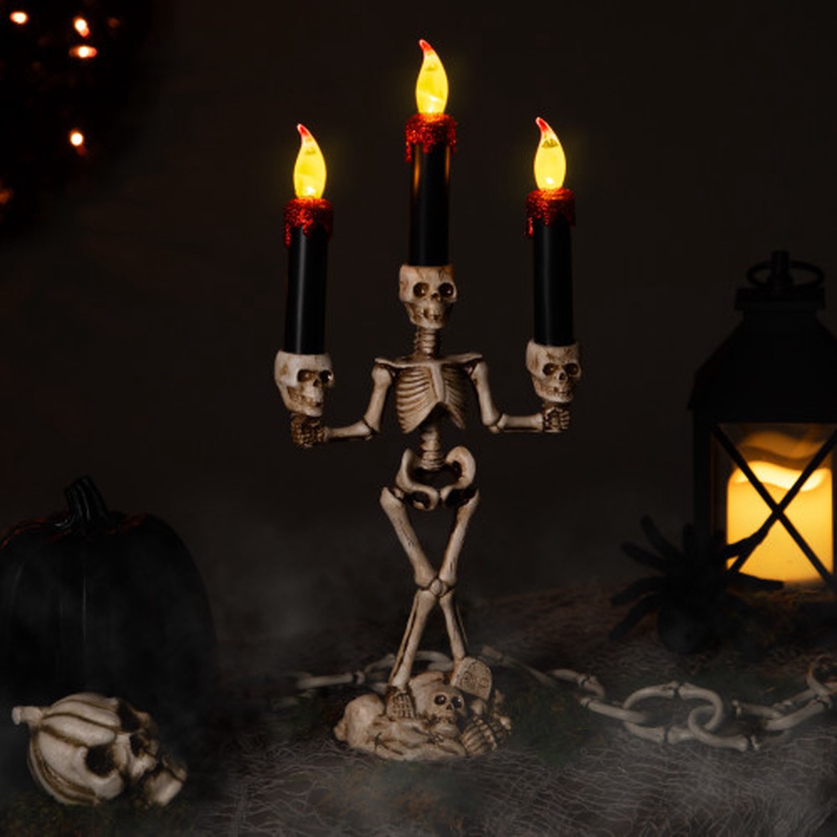 14.5″ Dripping Flameless Candles Skeleton Halloween Candelabra – Amber Lights