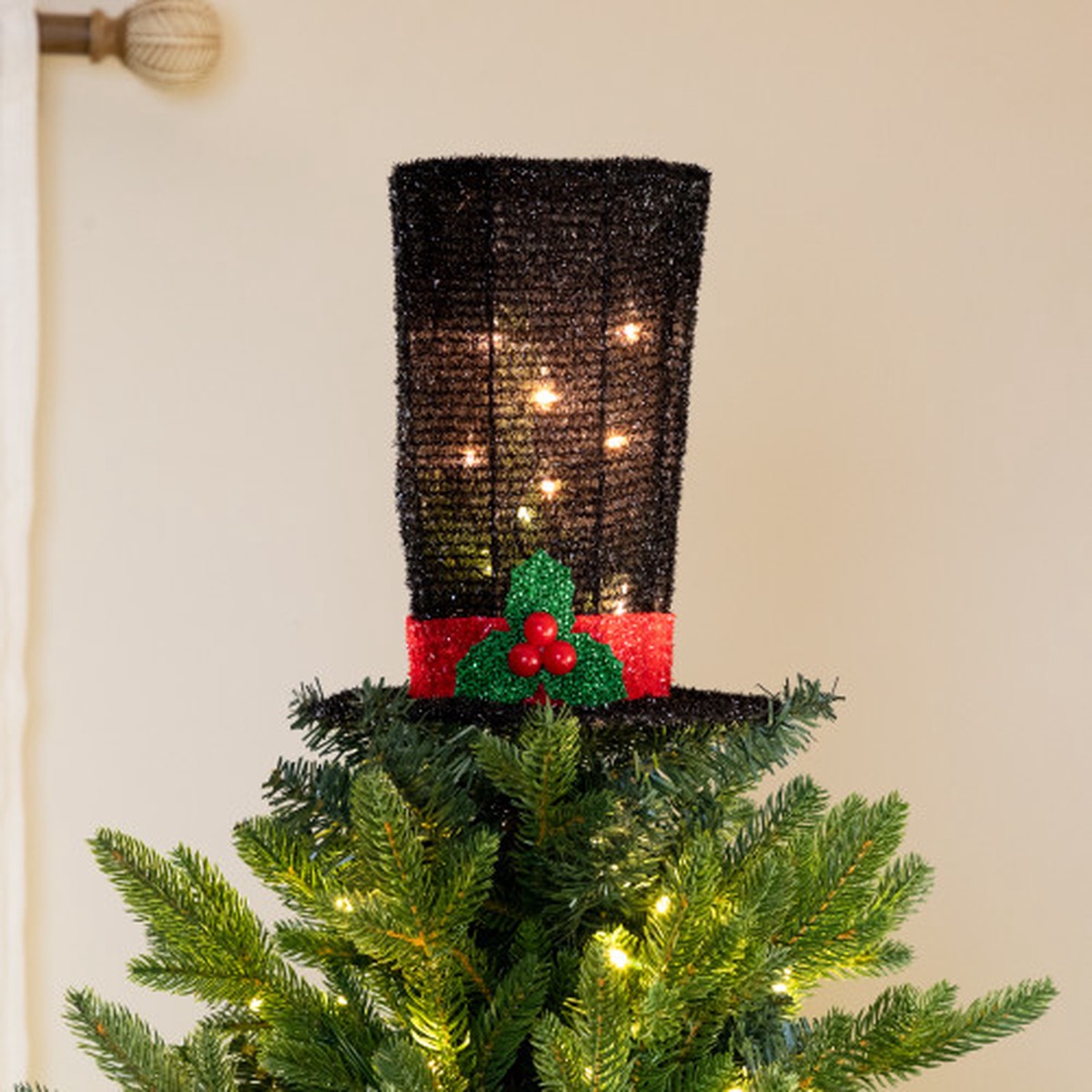 9.25" Lighted Black Tinsel Top Hat Christmas Tree Topper, Clear Lights