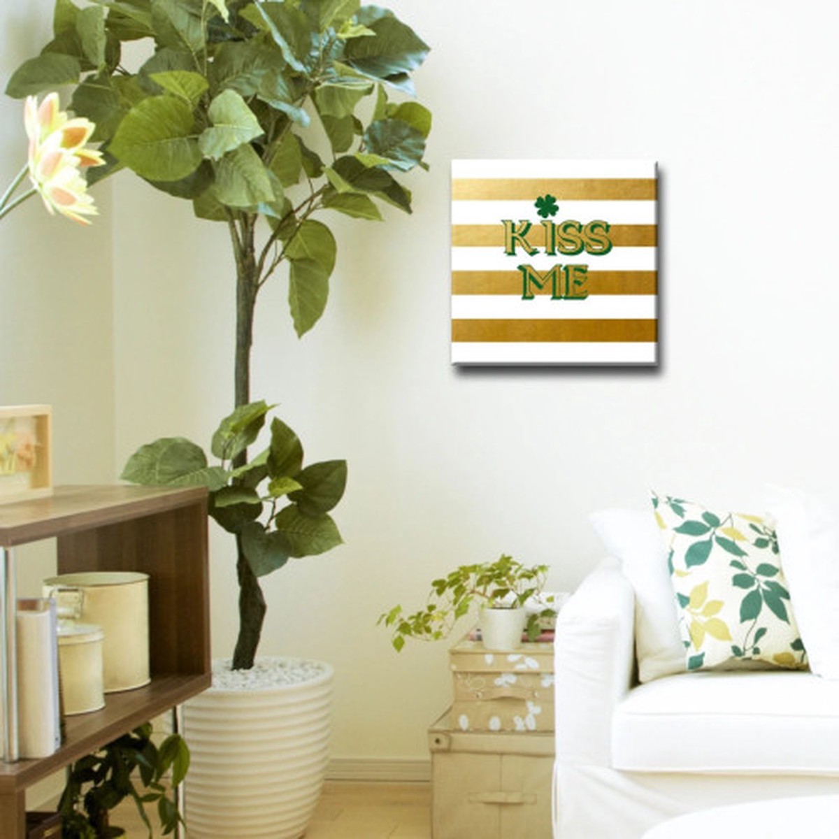 Kiss Me Shamrock St. Patricks Day Canvas Wall Art - 16" x 16" - Gold and White