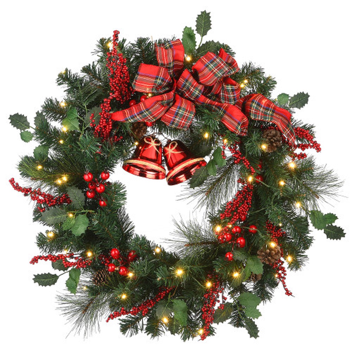 Pre-Lit LED Plaid Bow with Bells Artificial Christmas Wreath, 30-Inch, Warm White Lights