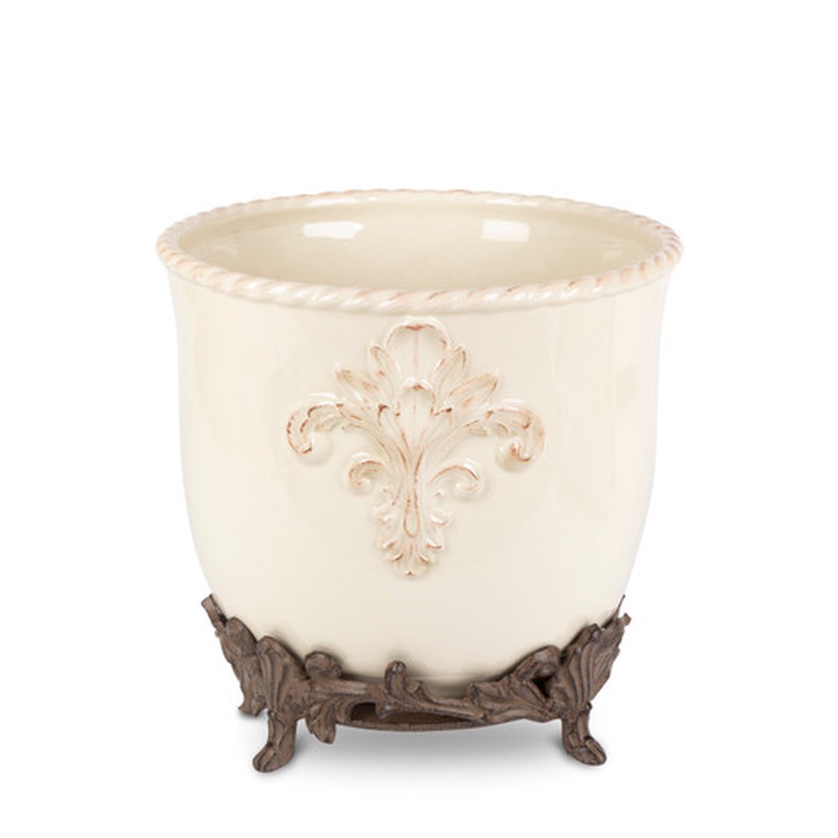 11″ Cream Unique Stoneware Round Planter with Acanthus Leaf Metal Base