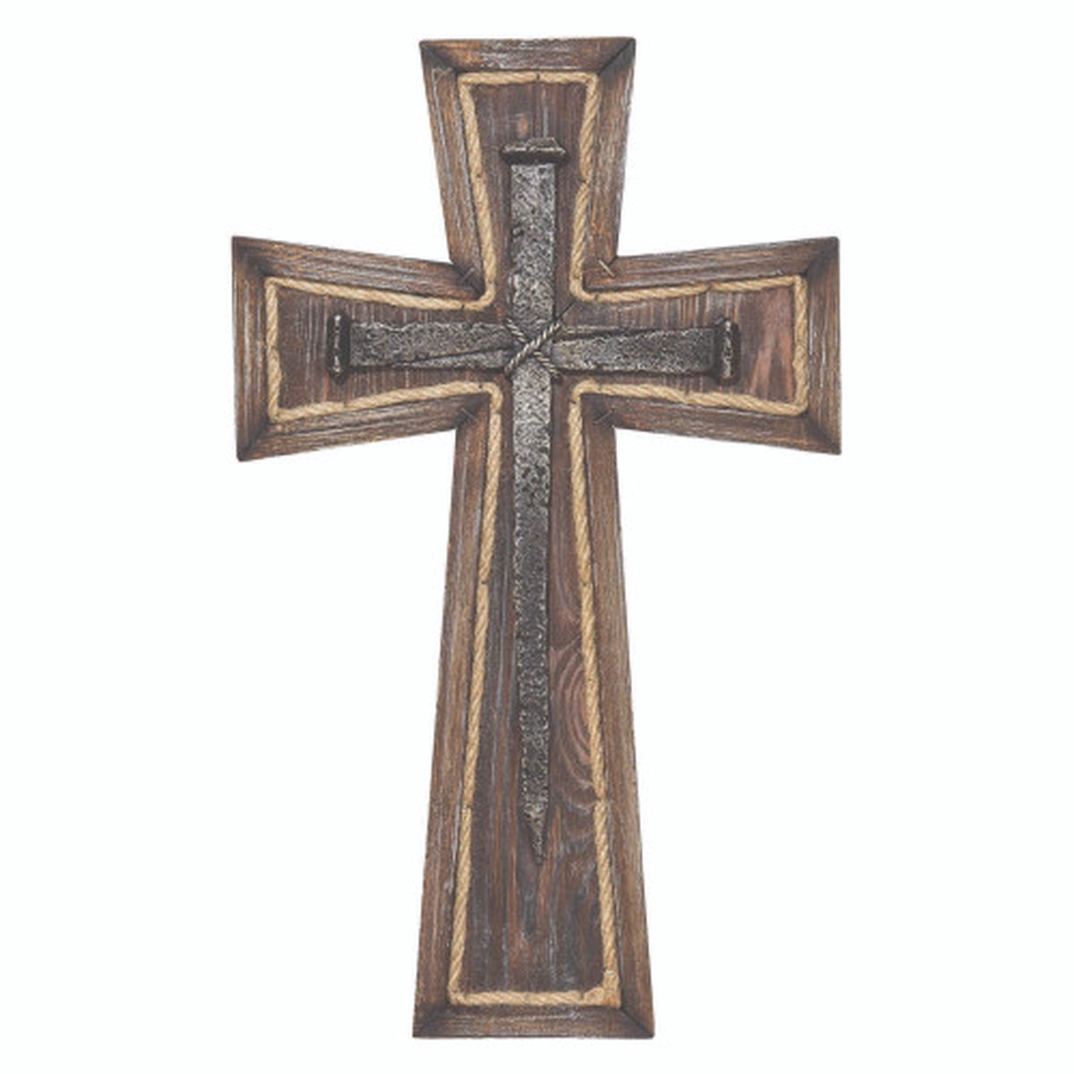 17″ Brown and Gray Vintage Distressed Wall Cross with Rope