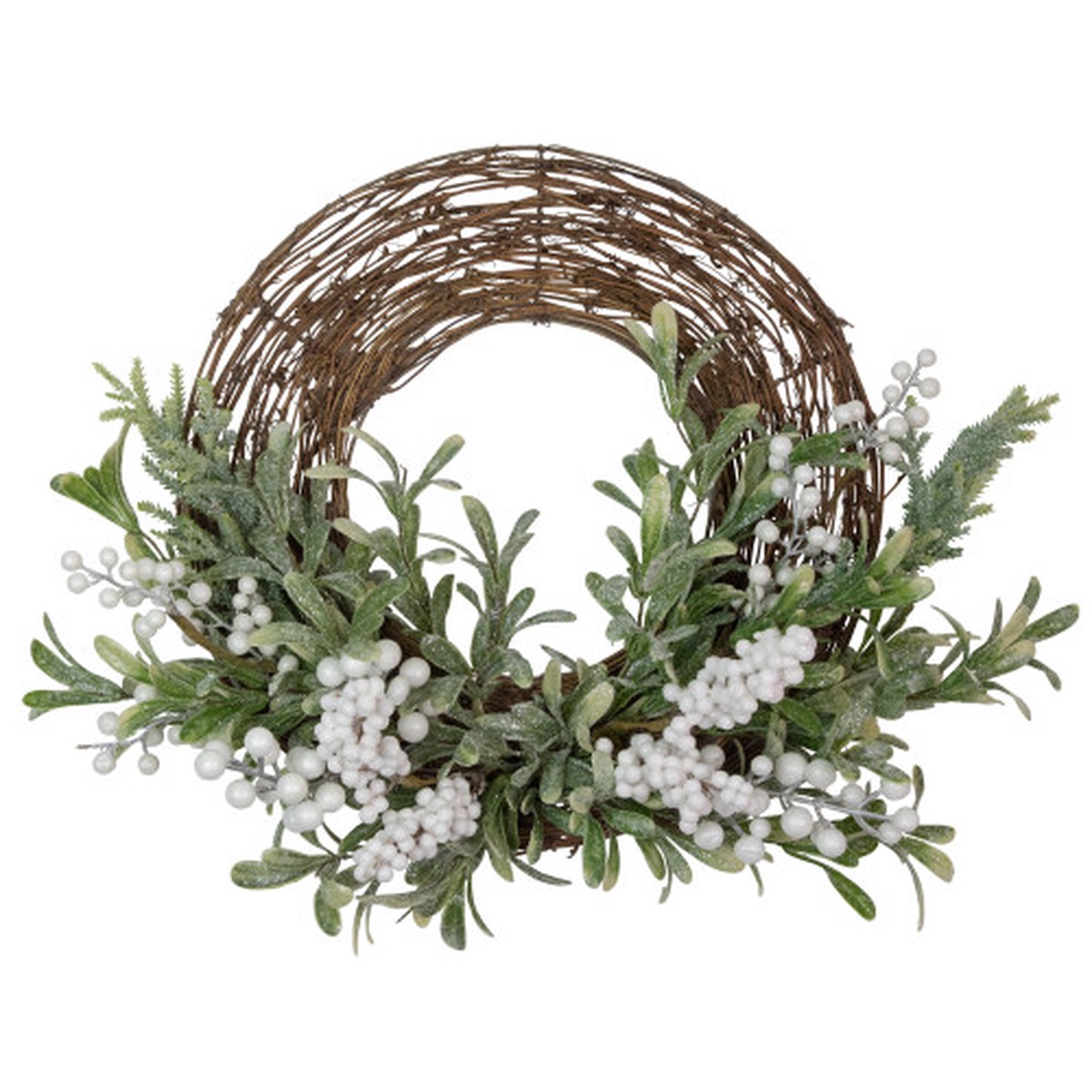 Artificial Christmas Twig Wreath with Frosted Foliage and Berries, 24-Inch, Unlit
