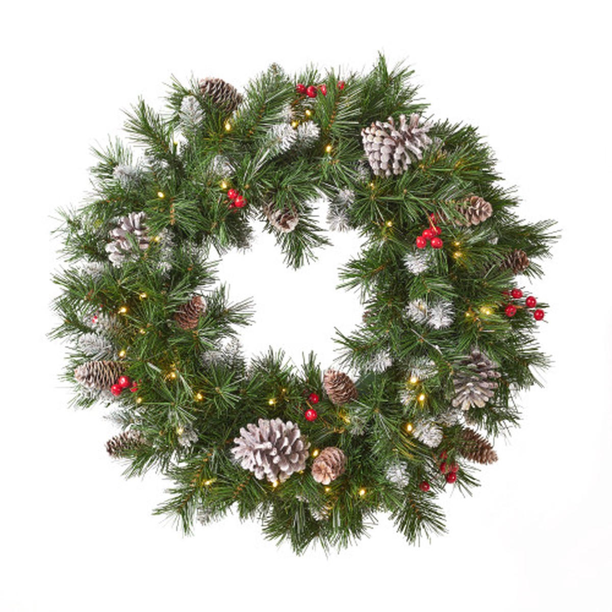 24" Mixed Spruce Christmas Wreath w/50 Warm White LED Lights, Frosted Branches, Red Berries and Pine