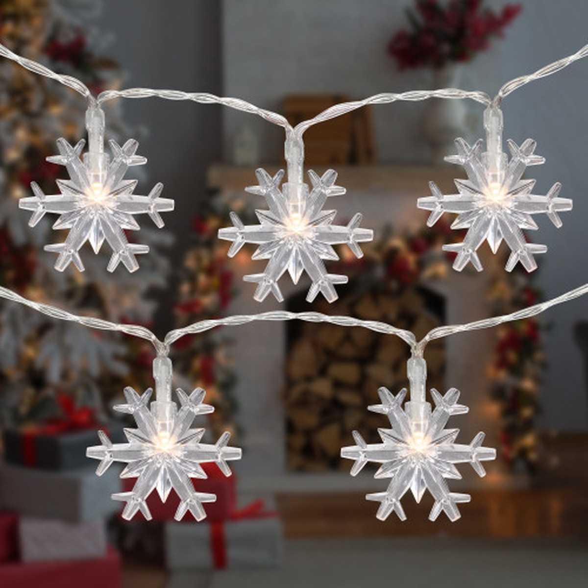 LED Snowflake Christmas Fairy Lights - 4" Spacing - Copper Wire - 10ct