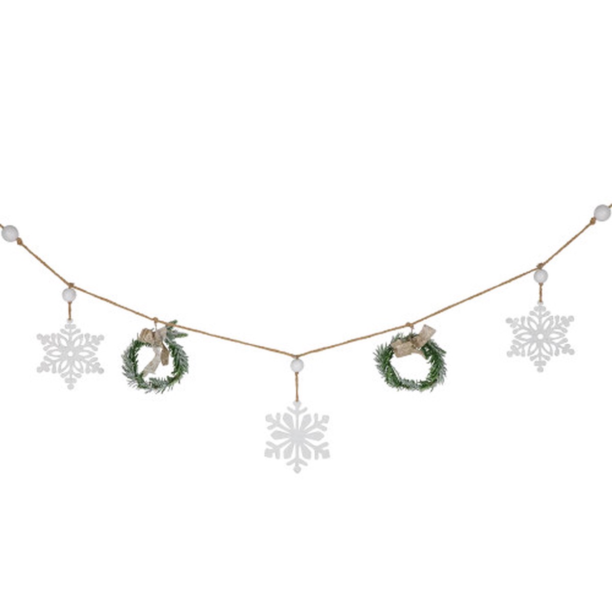 Snowflake and Frosted Mini Wreaths Christmas Garland with Wooden Beads - 4.75'
