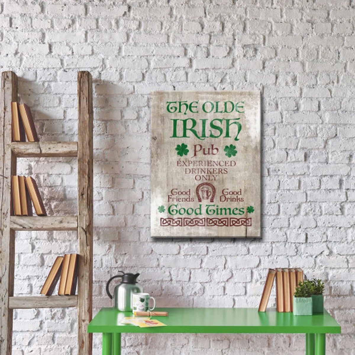 The Old Irish Pub St. Patricks Day Canvas Wall Art – 20″ x 16″ – Beige and Green