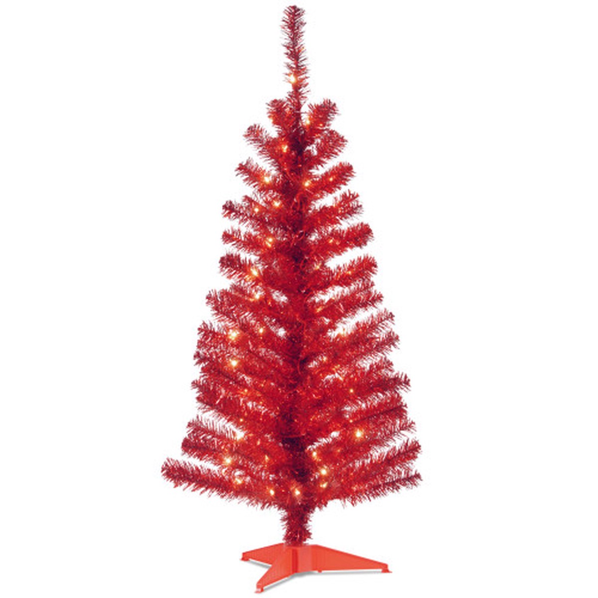 4′ Pre-Lit Medium Red Tinsel Artificial Christmas Tree, Clear Lights