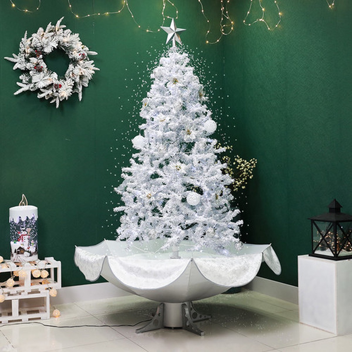Lighted Musical Snowing Artificial White Tinsel Christmas Tree - 6' - White LED Lights
