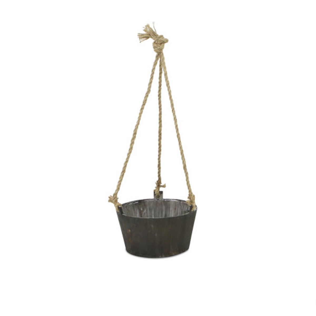 11″ Brown Round Wooden Hanging Planter with Rope