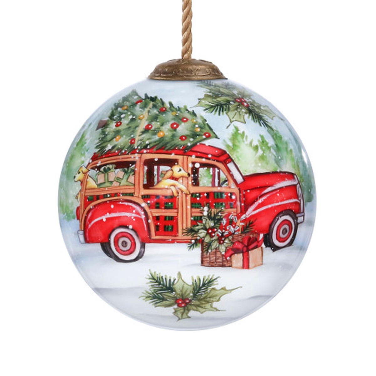 Tree Hauling Wagon Hand Painted Glass Ball Christmas Ornament – 3″